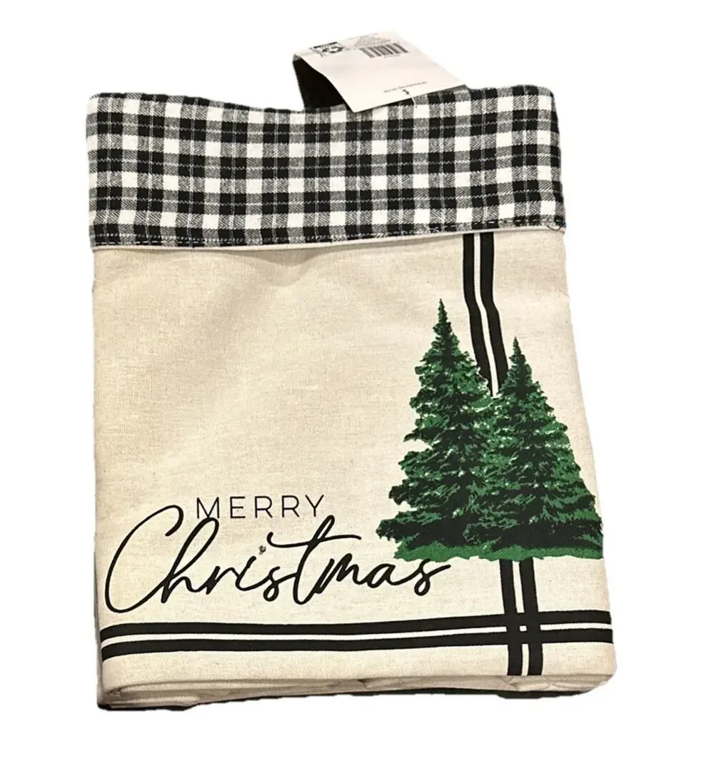 Merry Pine Tree Christmas Tree Skirt Black and White Canvas Storage Display